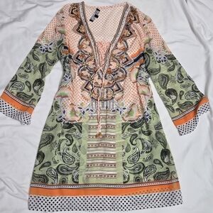 Minkas Boho Embellished Paisley Beaded Tunic Dress M